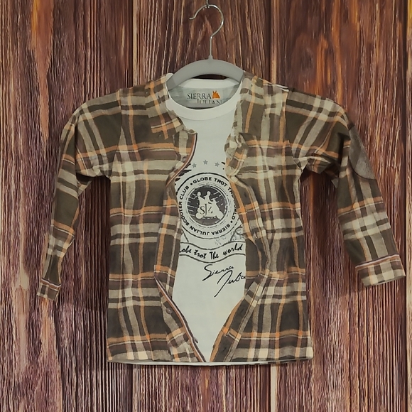 Serra Kids Plaid Button Down Shirt - Tan and White - Picture 1 of 4